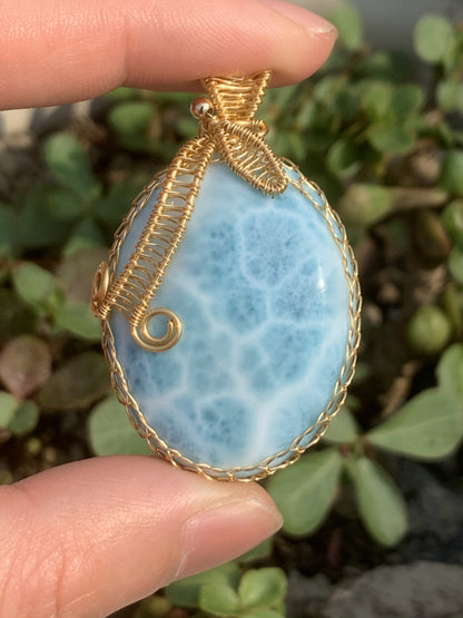 AAAA Natural Authentic Dominican Larimar Pendant,Hand-Woven Frame Larimar,Larimar Necklace,Larimar Gift,Handmade Jewelry ET410