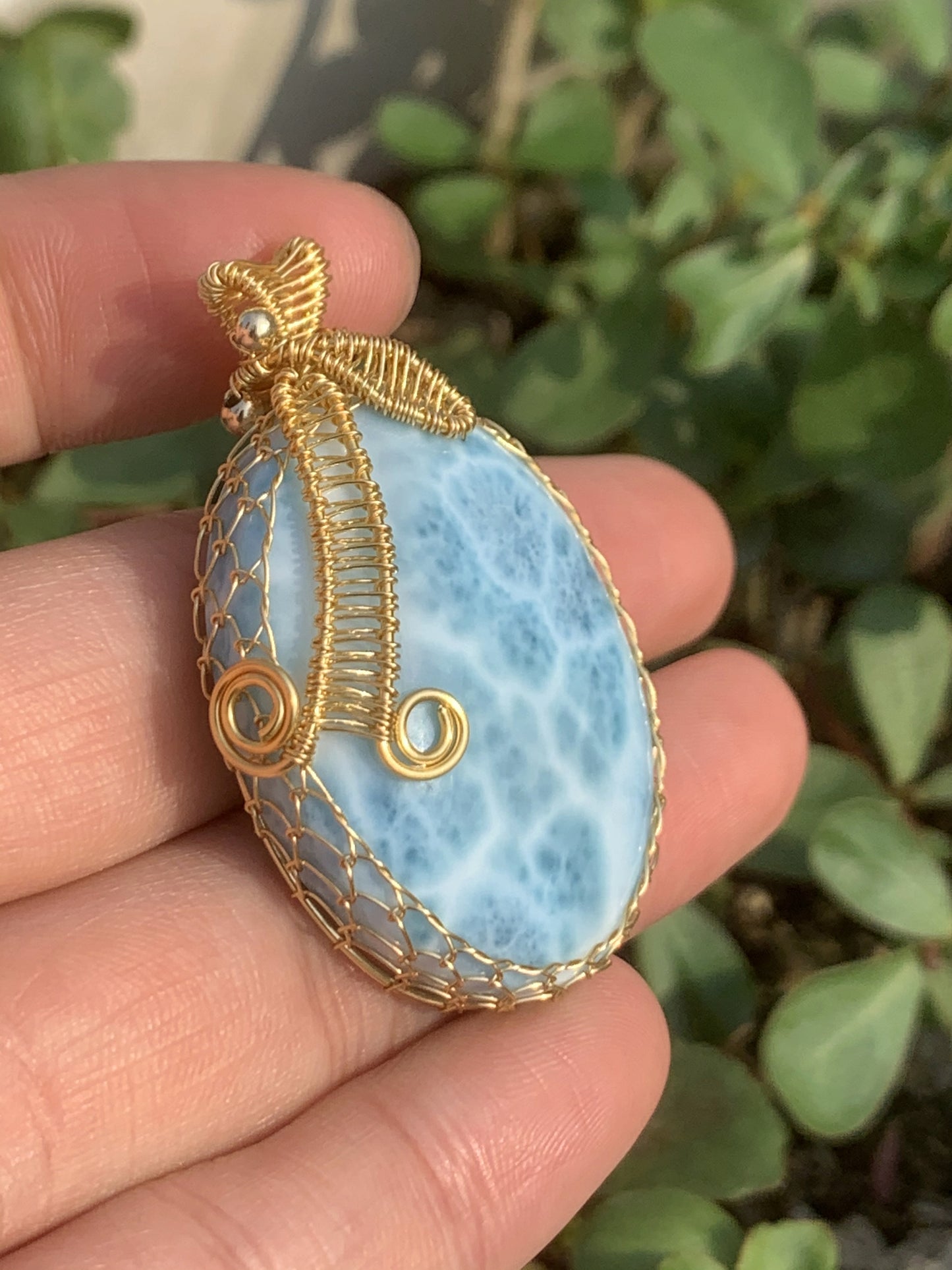 AAAA Natural Authentic Dominican Larimar Pendant,Hand-Woven Frame Larimar,Larimar Necklace,Larimar Gift,Handmade Jewelry ET410