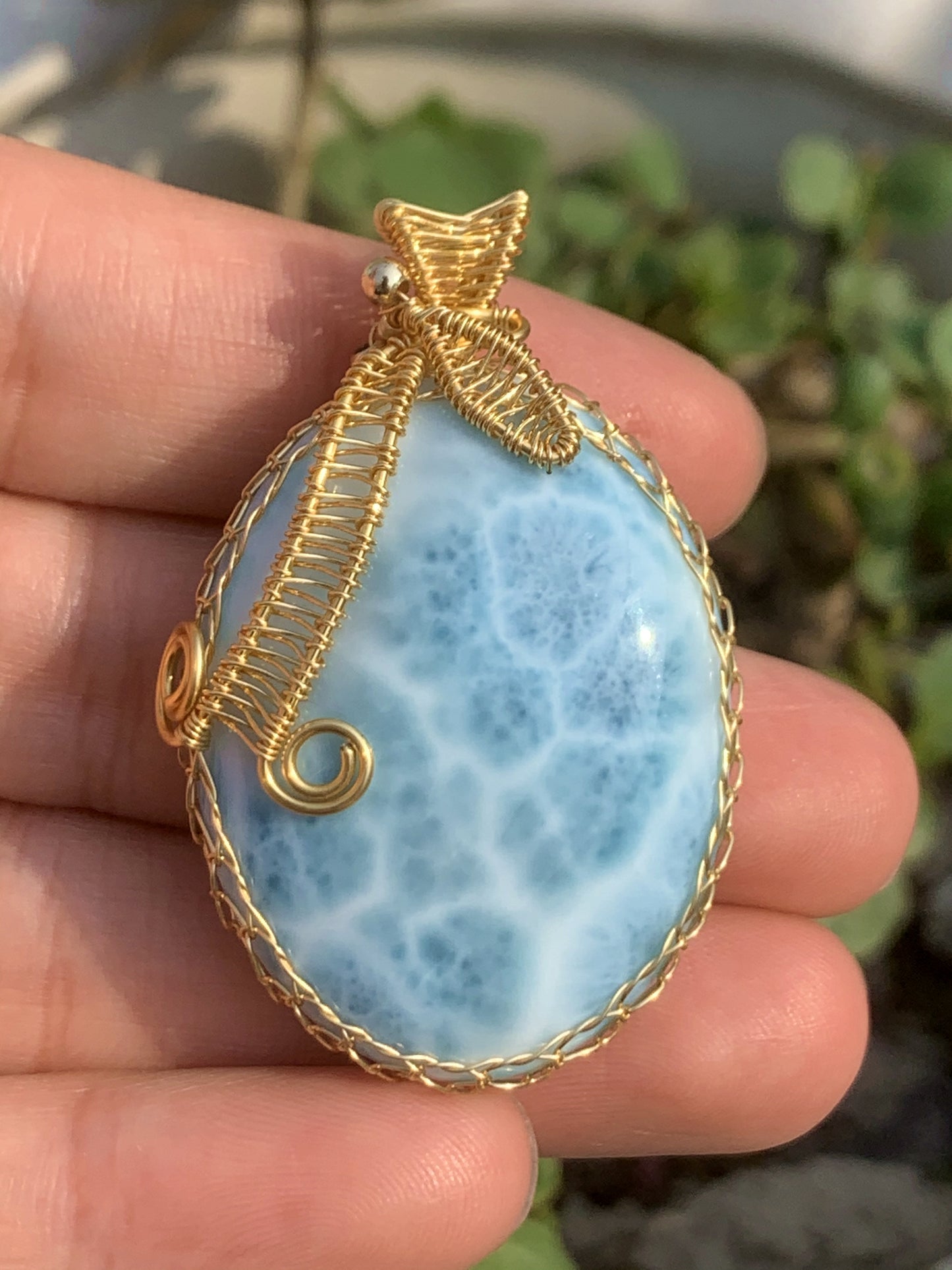 AAAA Natural Authentic Dominican Larimar Pendant,Hand-Woven Frame Larimar,Larimar Necklace,Larimar Gift,Handmade Jewelry ET410