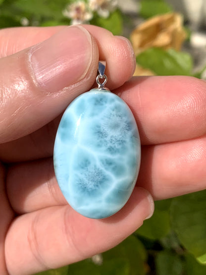 AAA Natural Authentic Dominican Larimar Pendant, Oval Larimar Pendant, Silver Pendant,Birthday Gift ET828