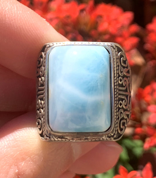 AAA+ Natural Larimar Ring,925 Silver Ring,Square-Shaped Lariamr Ring,Handmade Silver Ring, Natural Stones，Adjustable Size Ring ET771