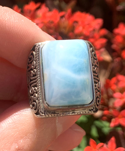 AAA+ Natural Larimar Ring,925 Silver Ring,Square-Shaped Lariamr Ring,Handmade Silver Ring, Natural Stones，Adjustable Size Ring ET771