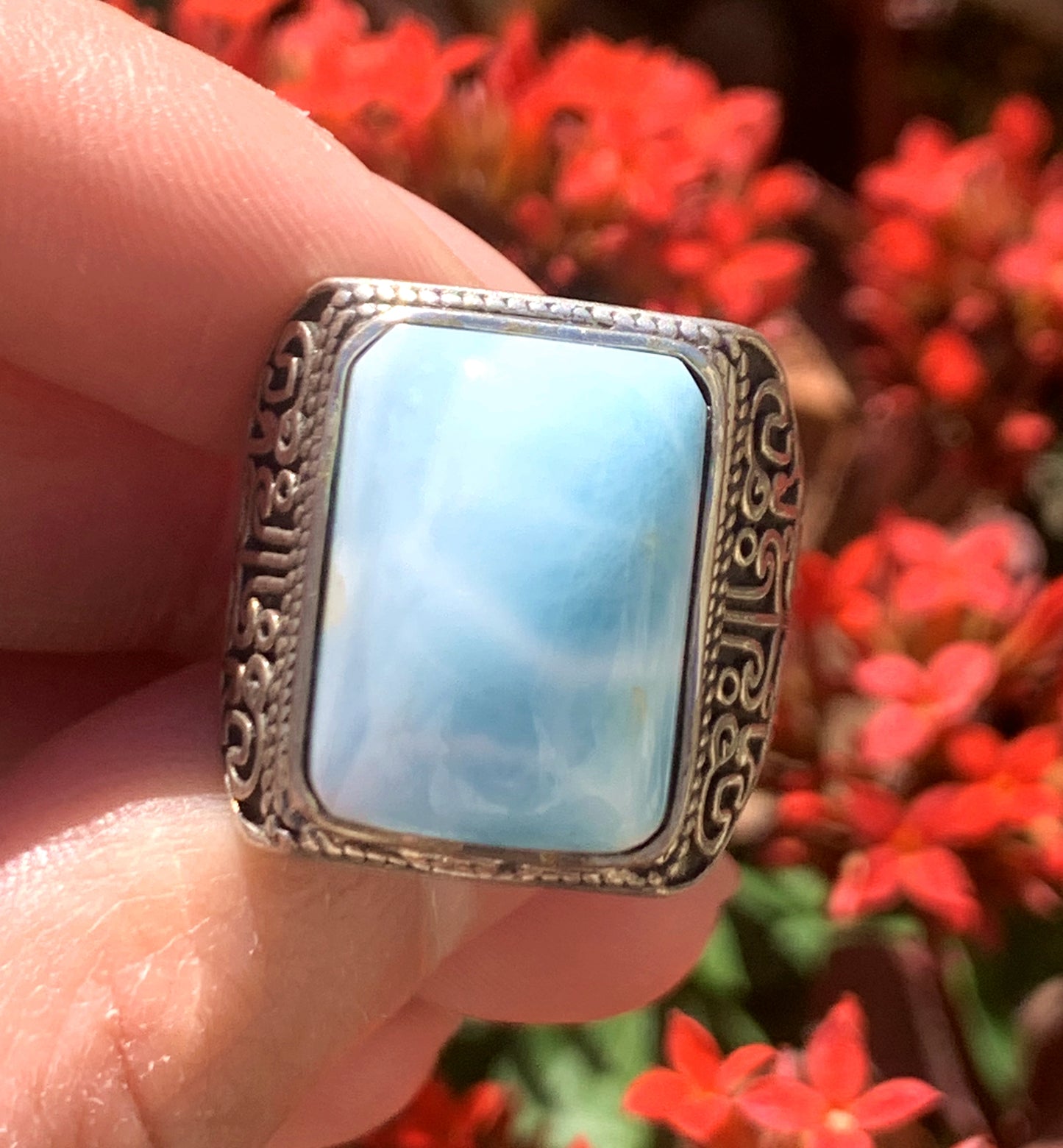 AAA+ Natural Larimar Ring,925 Silver Ring,Square-Shaped Lariamr Ring,Handmade Silver Ring, Natural Stones，Adjustable Size Ring ET771