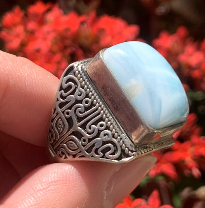 AAA+ Natural Larimar Ring,925 Silver Ring,Square-Shaped Lariamr Ring,Handmade Silver Ring, Natural Stones，Adjustable Size Ring ET771