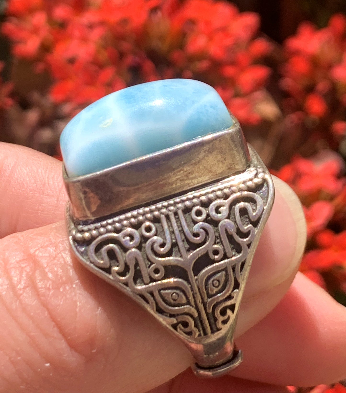 AAA+ Natural Larimar Ring,925 Silver Ring,Square-Shaped Lariamr Ring,Handmade Silver Ring, Natural Stones，Adjustable Size Ring ET771