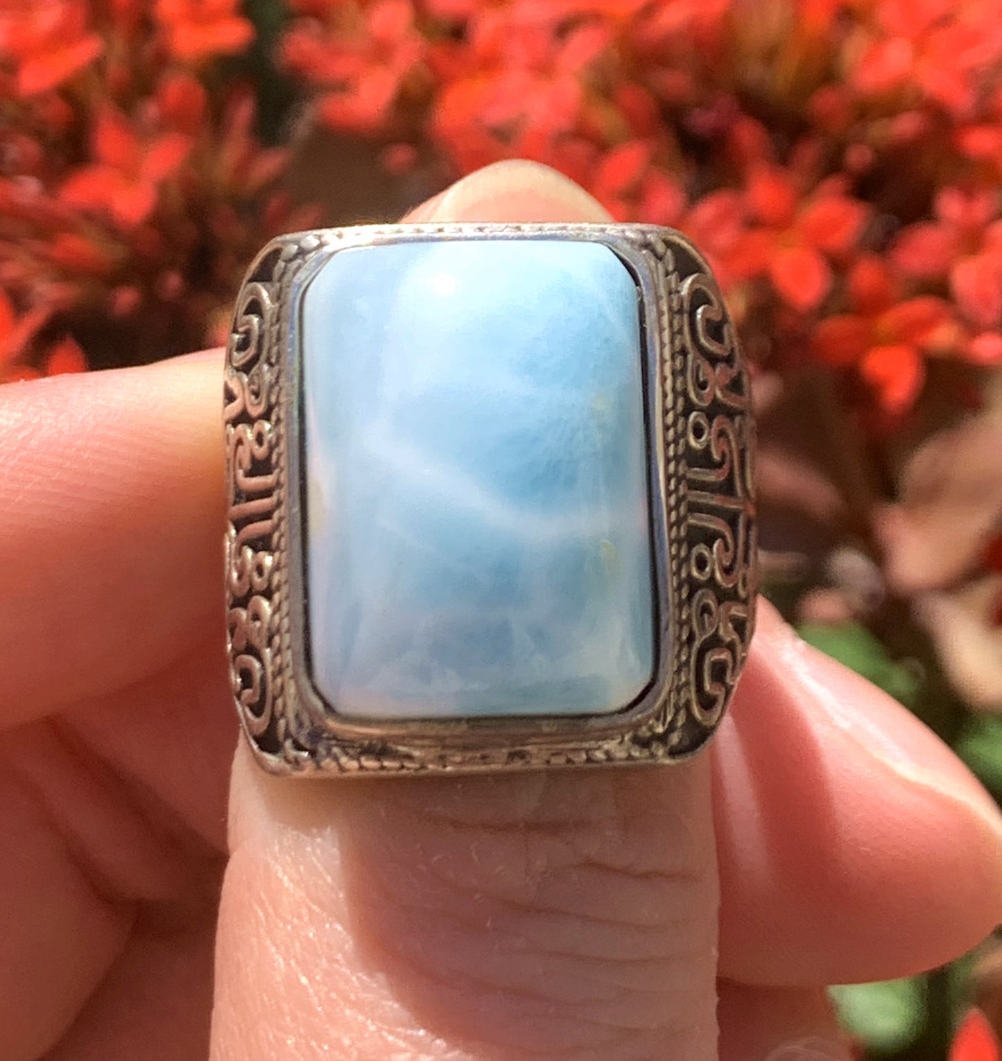 AAA+ Natural Larimar Ring,925 Silver Ring,Square-Shaped Lariamr Ring,Handmade Silver Ring, Natural Stones，Adjustable Size Ring ET771