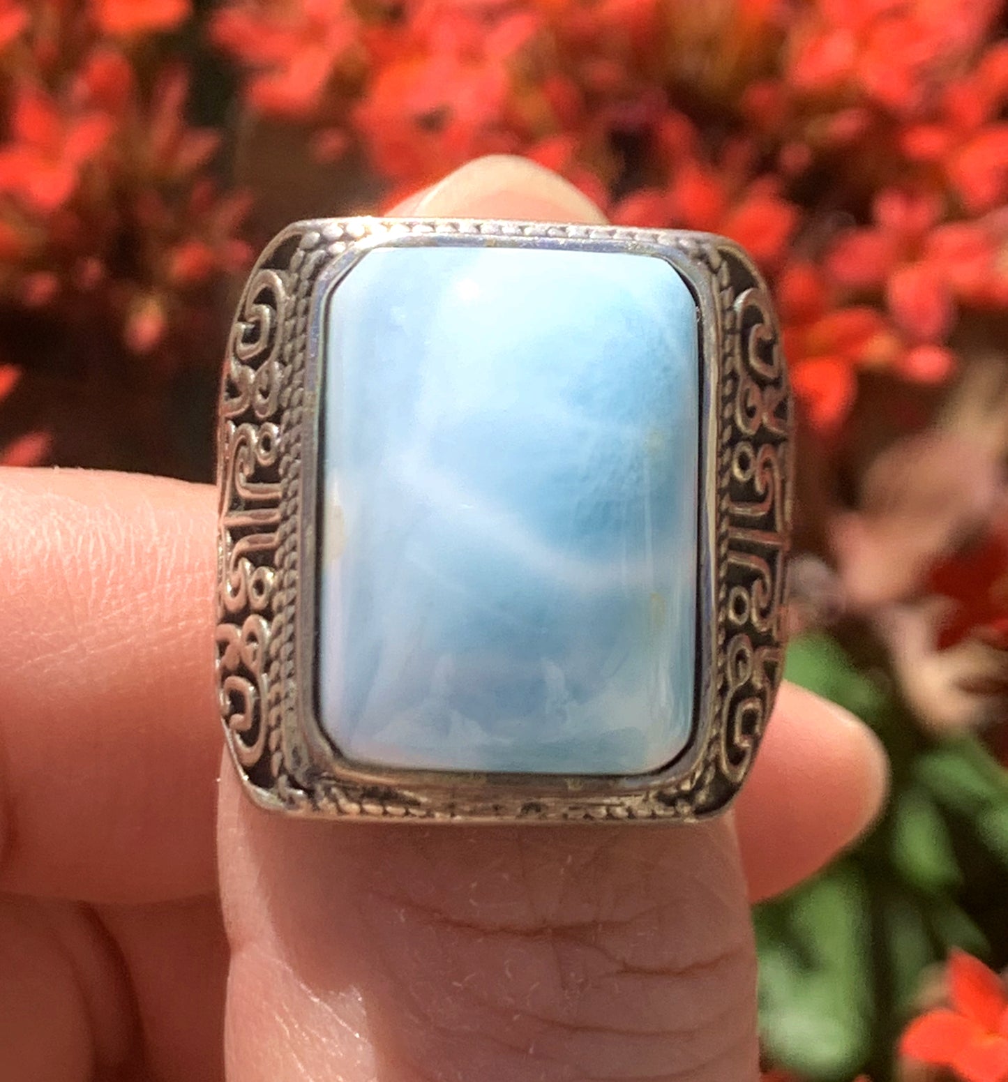 AAA+ Natural Larimar Ring,925 Silver Ring,Square-Shaped Lariamr Ring,Handmade Silver Ring, Natural Stones，Adjustable Size Ring ET771