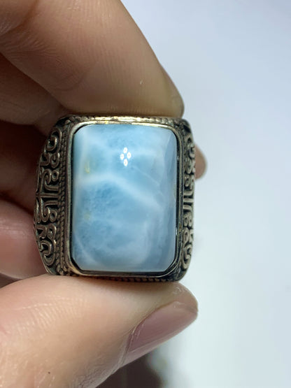 AAA+ Natural Larimar Ring,925 Silver Ring,Square-Shaped Lariamr Ring,Handmade Silver Ring, Natural Stones，Adjustable Size Ring ET771