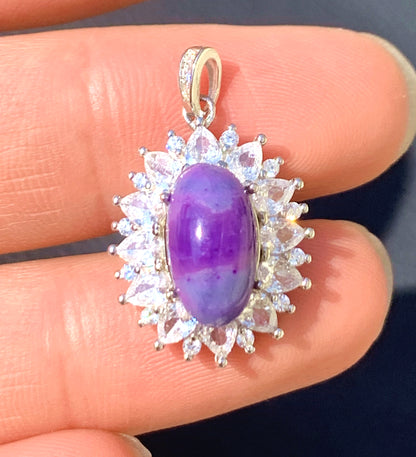 AAAAA Natural Authentic Sugilite Pendant,Oval Sugilite Pendant, Silver Pendant,Birthday Gift ET1098