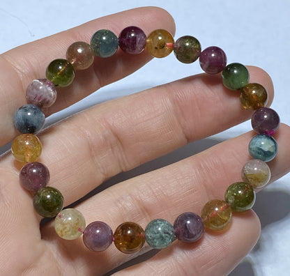 AAA++ Natural Authentic Tourmaline Bracelet,Tourmaline Round Bracelet,Rainbow Tourmaline Bracelet,Crystal Bracelet ET155