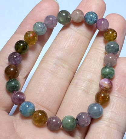 AAA++ Natural Authentic Tourmaline Bracelet,Tourmaline Round Bracelet,Rainbow Tourmaline Bracelet,Crystal Bracelet ET257