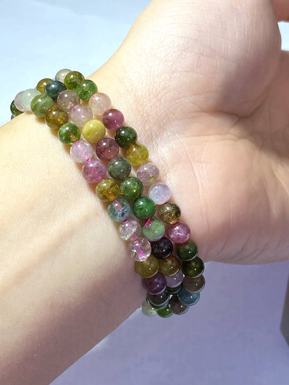 AAAA Natural Authentic Tourmaline Bracelet,Tourmaline Round Bracelet,Rainbow Tourmaline Bracelet,Crystal Bracelet ET564