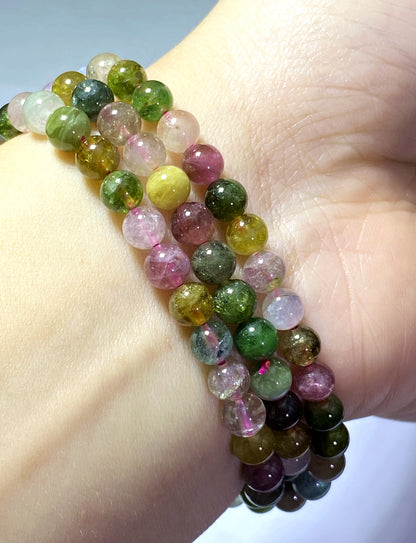 AAAA Natural Authentic Tourmaline Bracelet,Tourmaline Round Bracelet,Rainbow Tourmaline Bracelet,Crystal Bracelet ET564